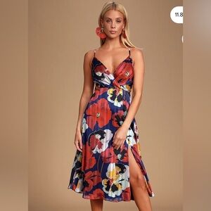 Lulu's All About Love Royal Blue and Red Floral Print Midi Dress